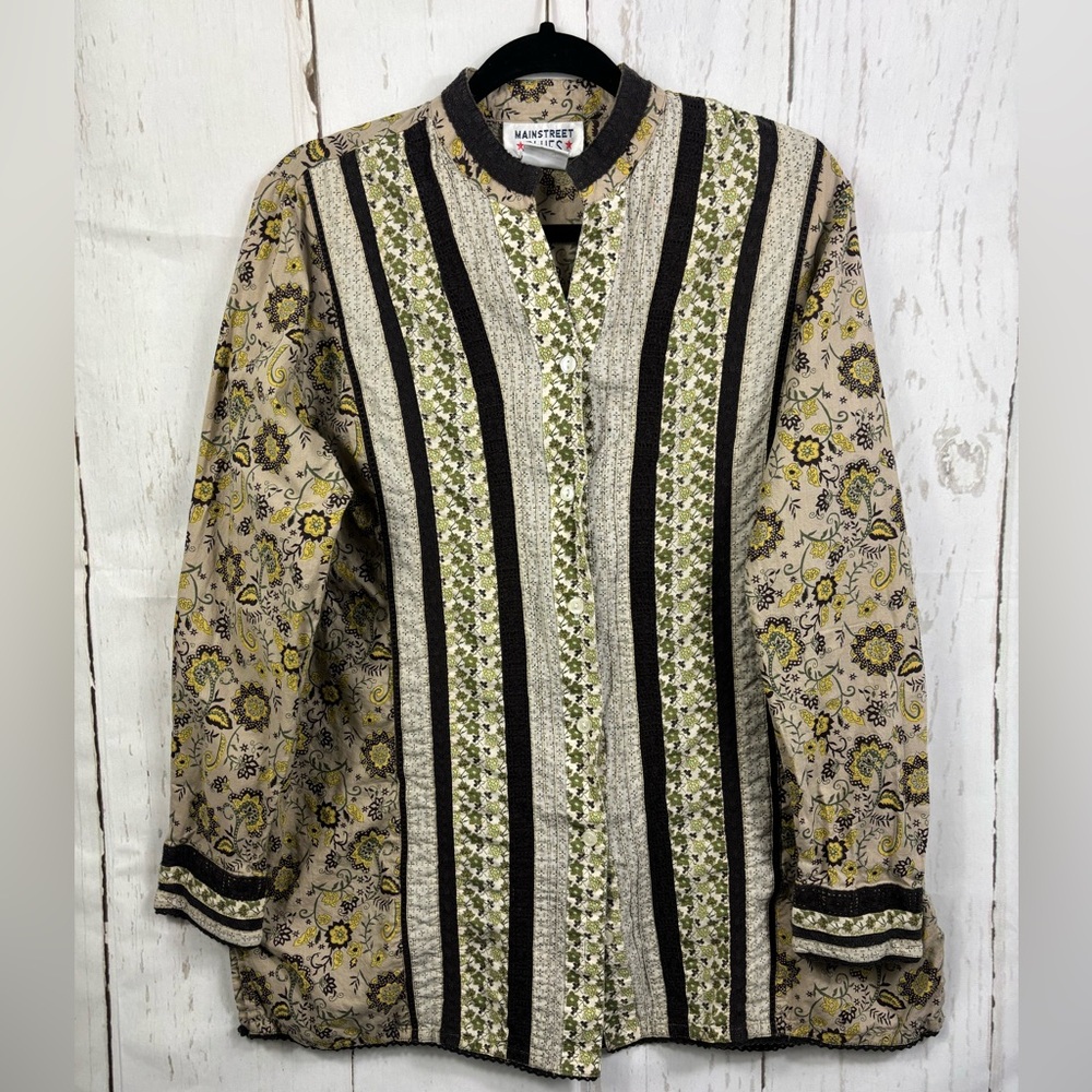 Vintage Mainstreet Blues Women’s Shirt Button Down Tan Brown Floral Knit Trim